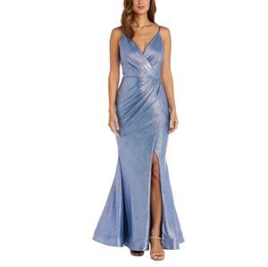 Nightway Blue Evening Gown Metallic Sleeveless Thigh Slit Mermaid Dress Size 10